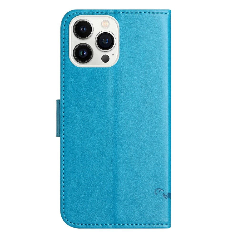 Étui en cuir à papillons pour iPhone 14 Pro, Bleu