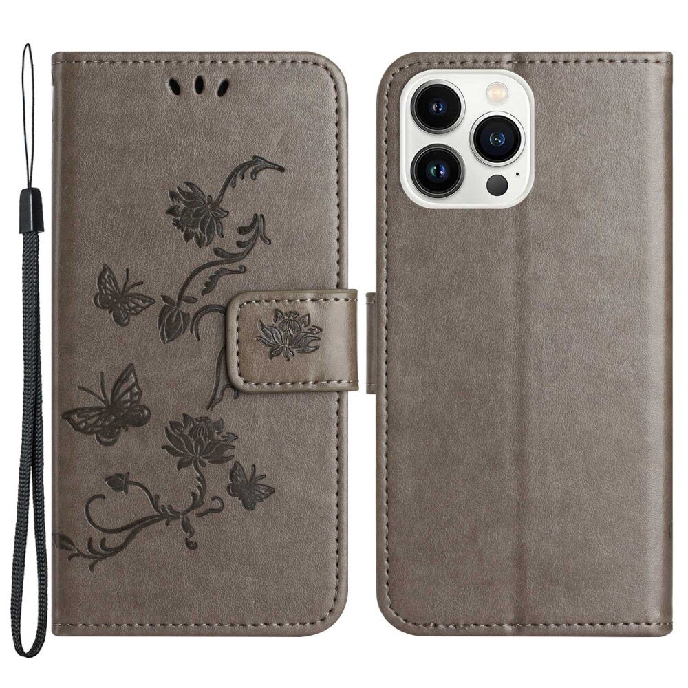 Étui en cuir à papillons pour iPhone 14 Pro, Gris