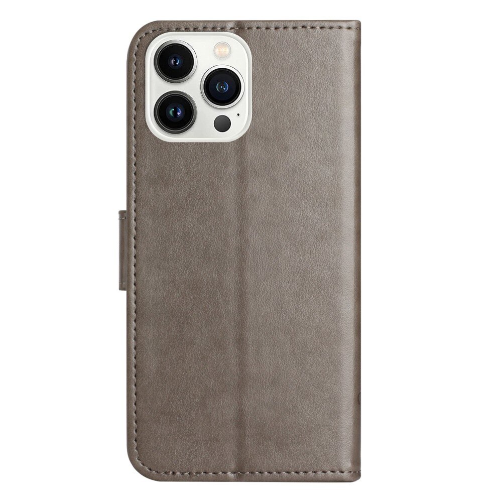 Étui en cuir à papillons pour iPhone 14 Pro, Gris