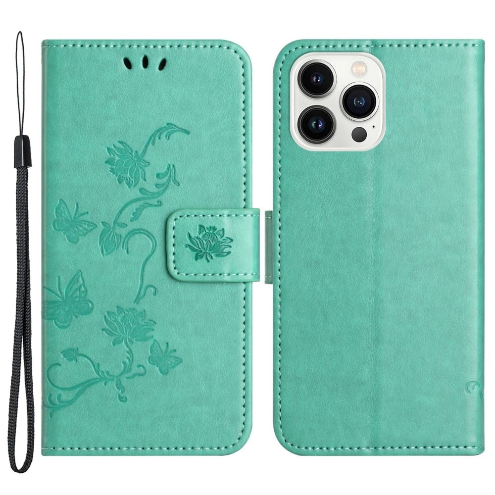 Étui en cuir à papillons pour iPhone 14 Pro, Vert