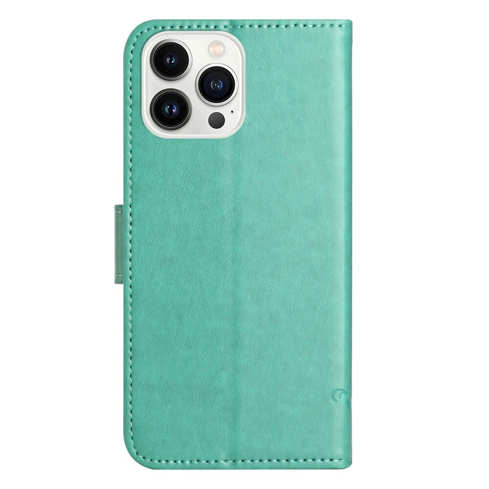 Étui en cuir à papillons pour iPhone 14 Pro, Vert