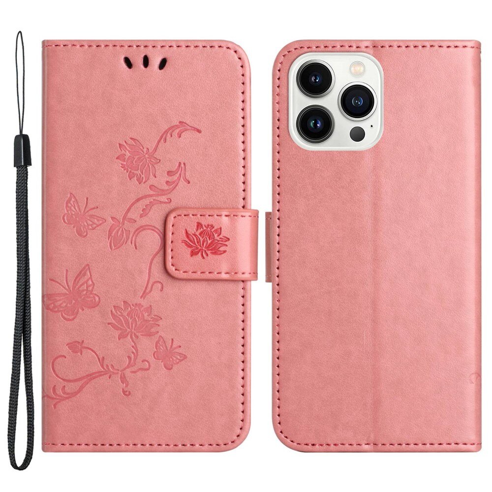 Étui en cuir à papillons pour Apple iPhone 14 Pro, Rose