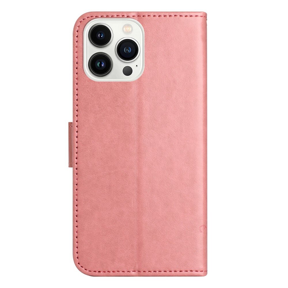 Étui en cuir à papillons pour iPhone 14 Pro, rose