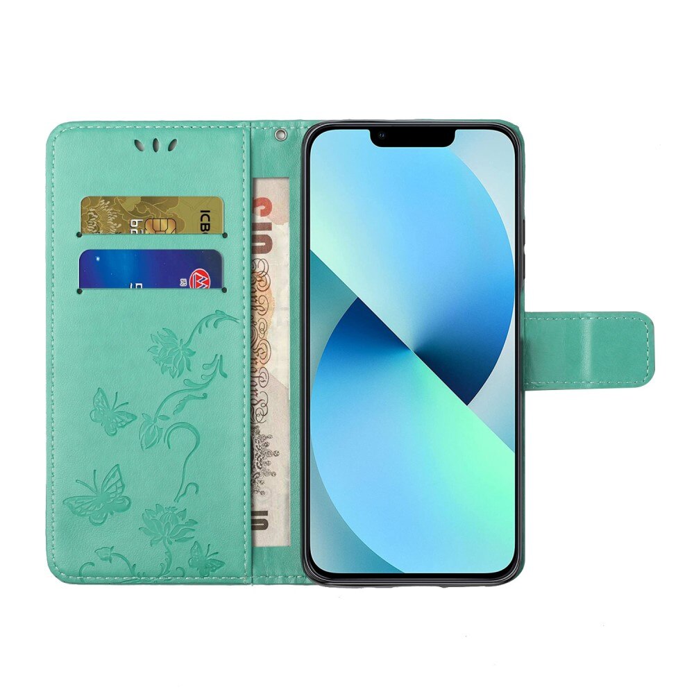 Étui en cuir à papillons pour Apple iPhone 14, Vert