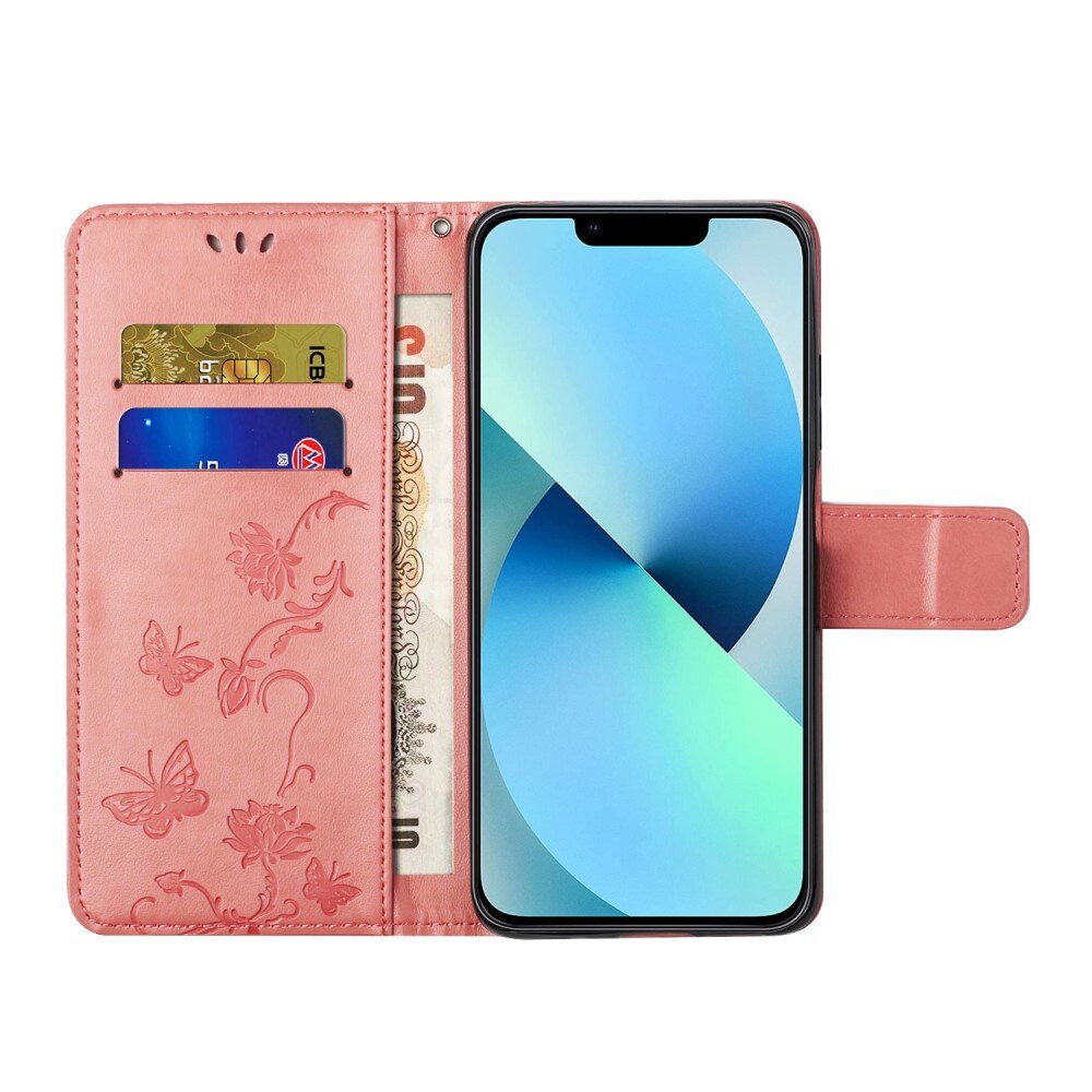 Étui en cuir à papillons pour iPhone 14 Plus, Rose