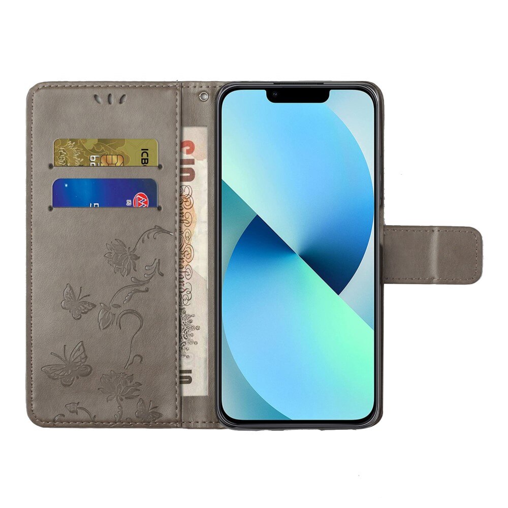 Étui en cuir à papillons pour iPhone 14 Plus, Gris