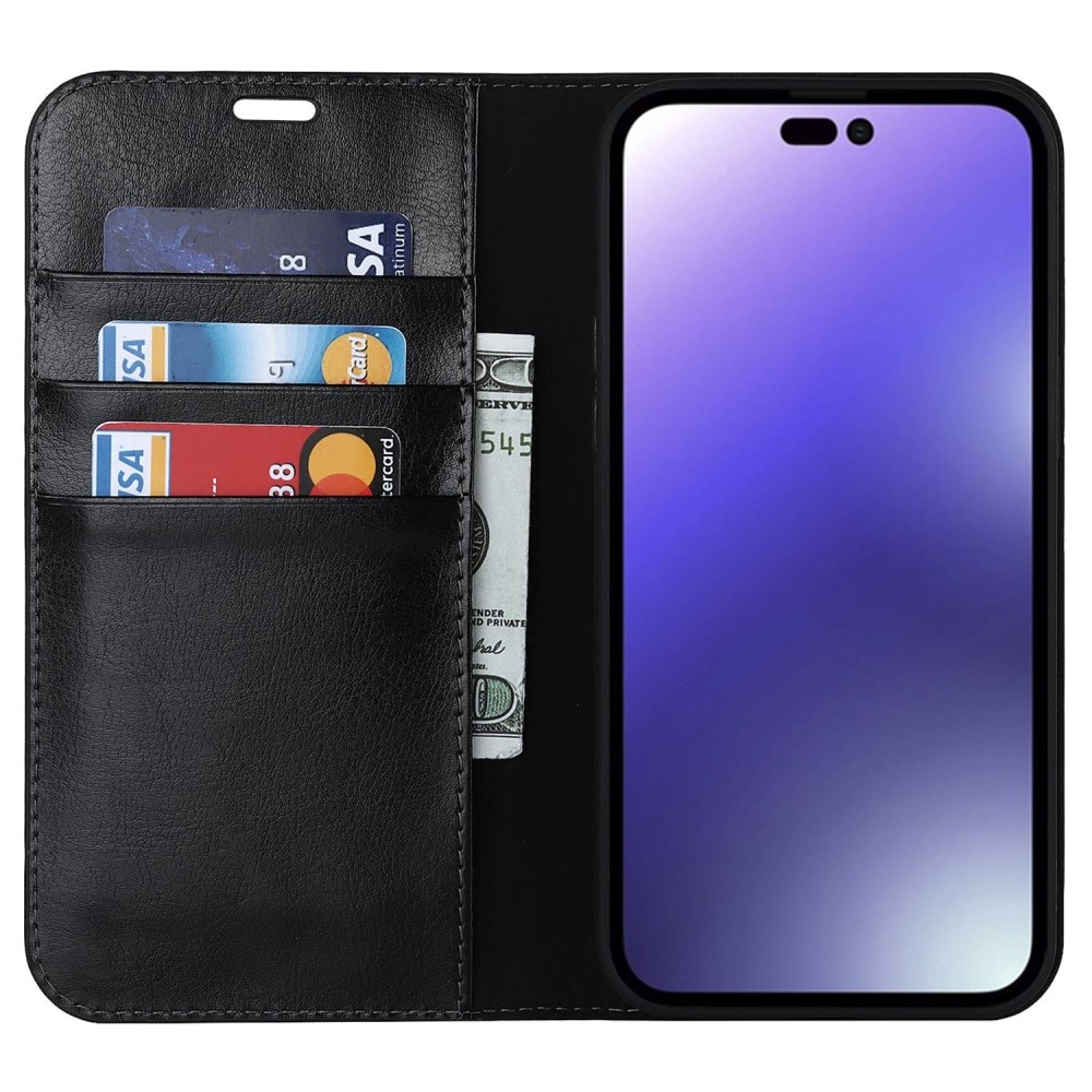 Coque portefeuille en cuir Veritable iPhone 14 Pro Max, noir