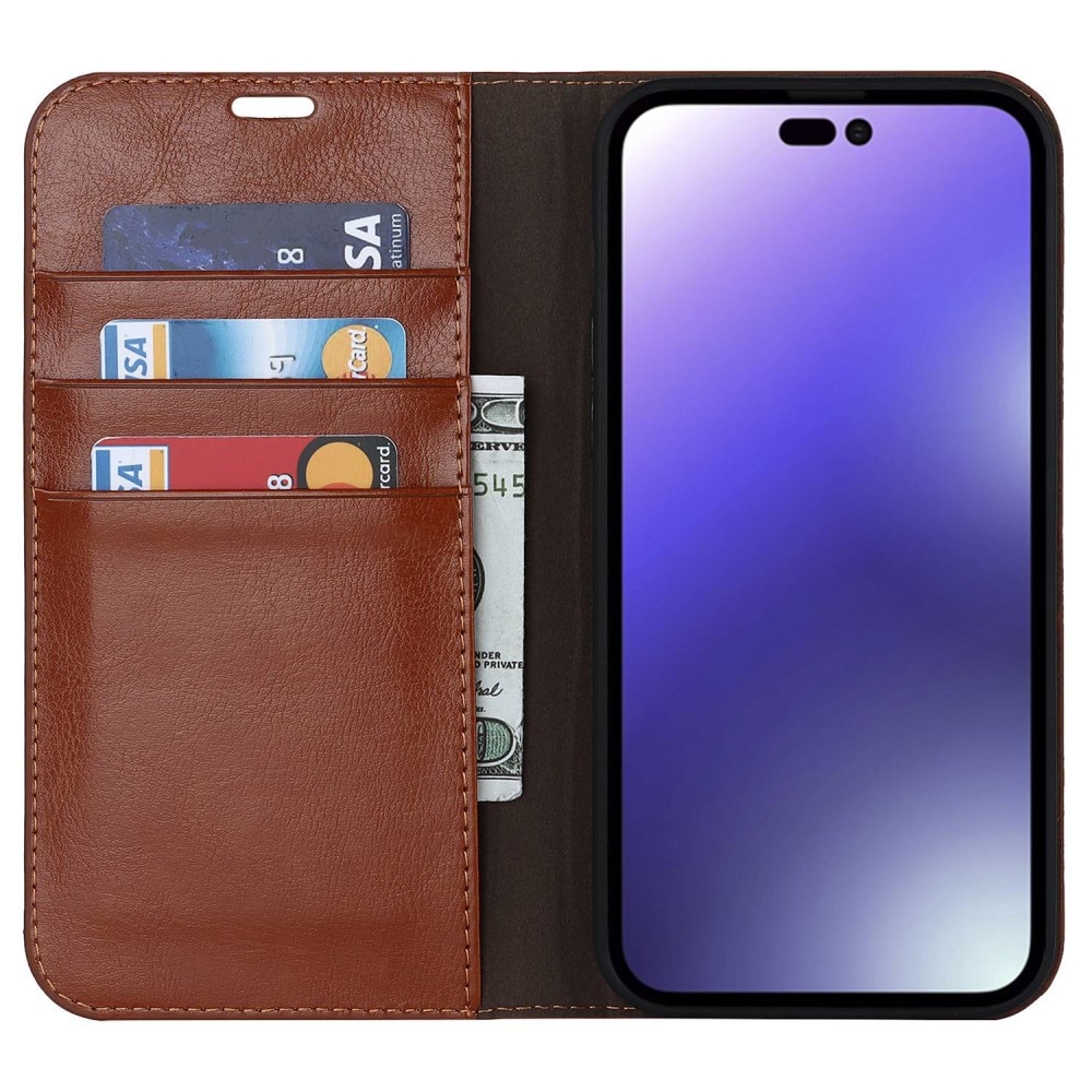 Coque portefeuille en cuir Veritable iPhone 14 Pro Max, Marron