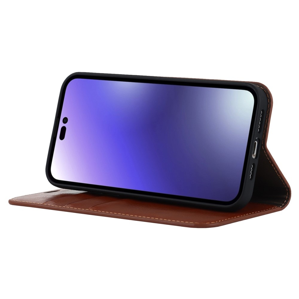 Coque portefeuille en cuir Veritable iPhone 14 Pro Max, Marron