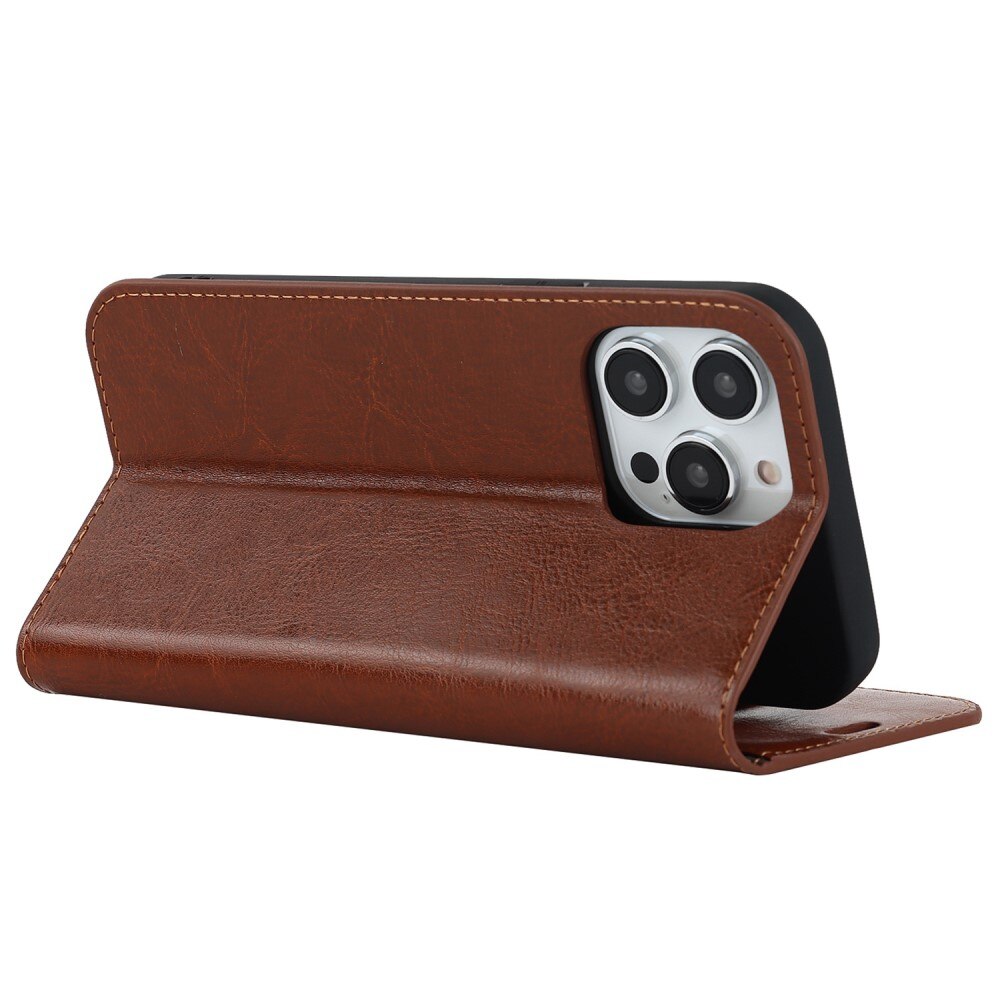 Coque portefeuille en cuir Veritable iPhone 14 Pro, marron