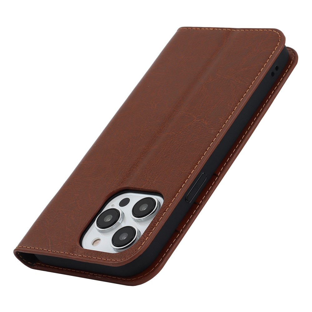 Coque portefeuille en cuir Veritable iPhone 14 Pro, marron