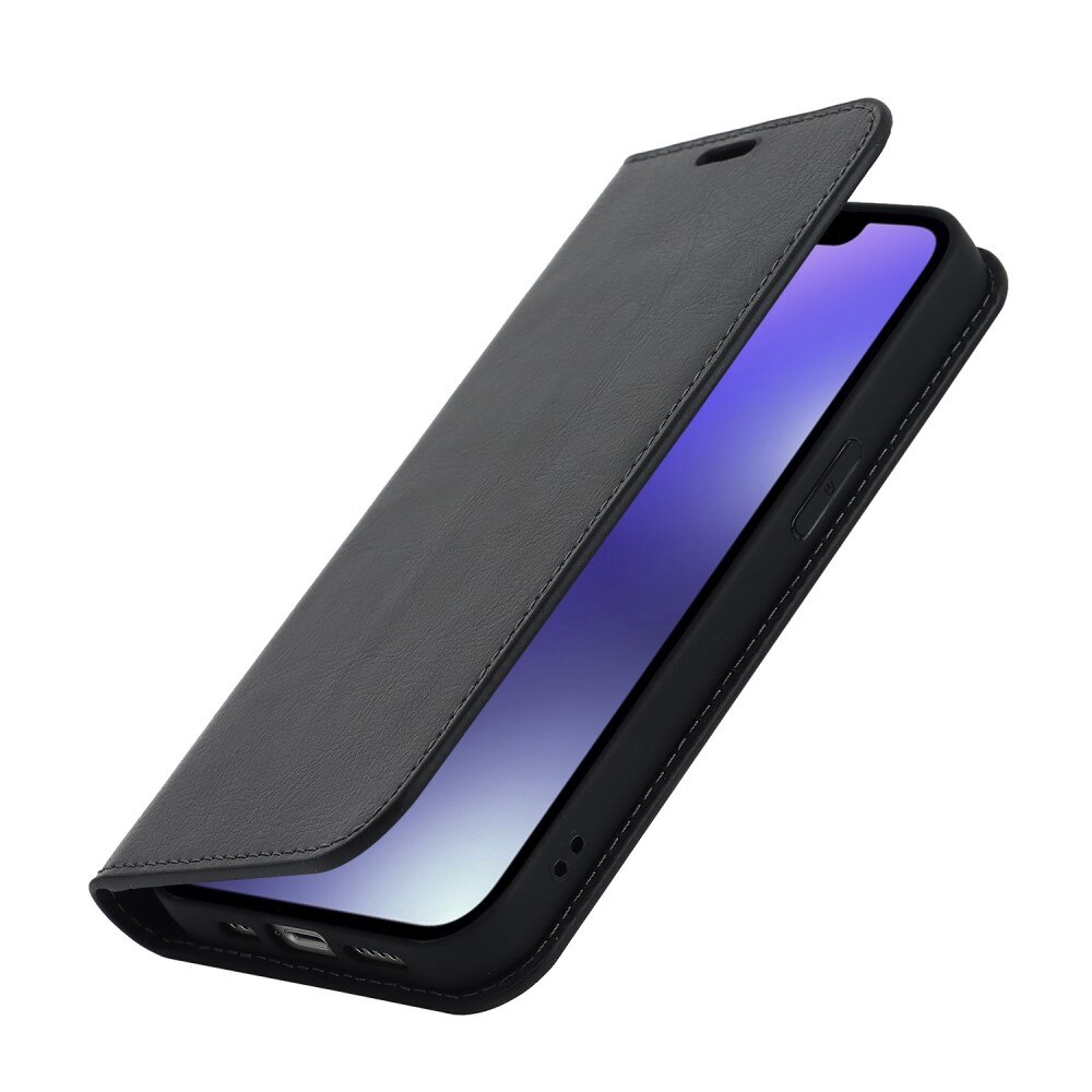 Coque portefeuille en cuir Veritable iPhone 14, noir