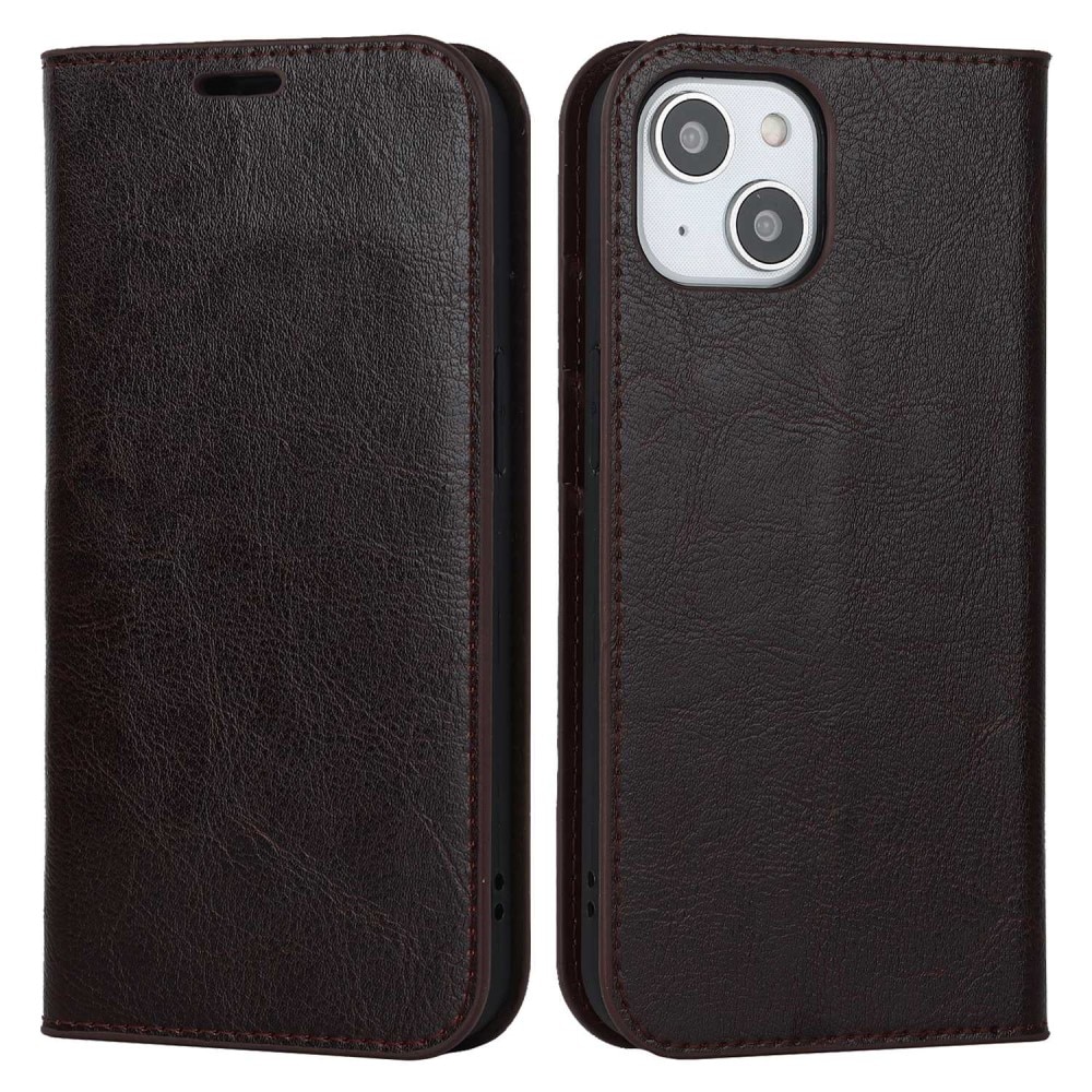 Coque portefeuille en cuir Veritable iPhone 14, Marron foncé