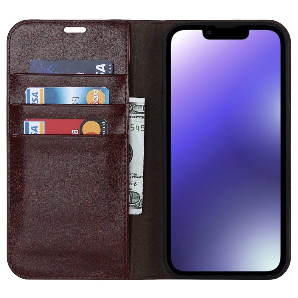 Coque portefeuille en cuir Veritable iPhone 14, Marron foncé