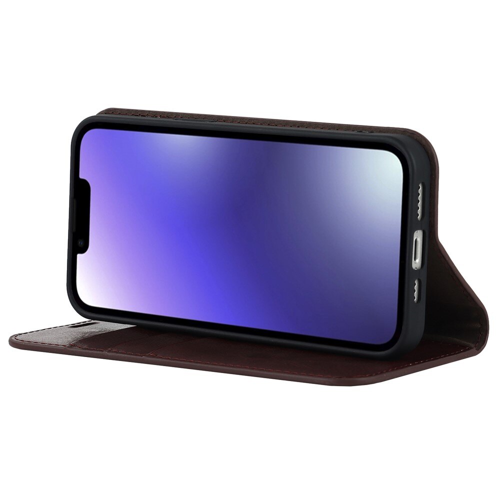 Coque portefeuille en cuir Veritable iPhone 14, Marron foncé