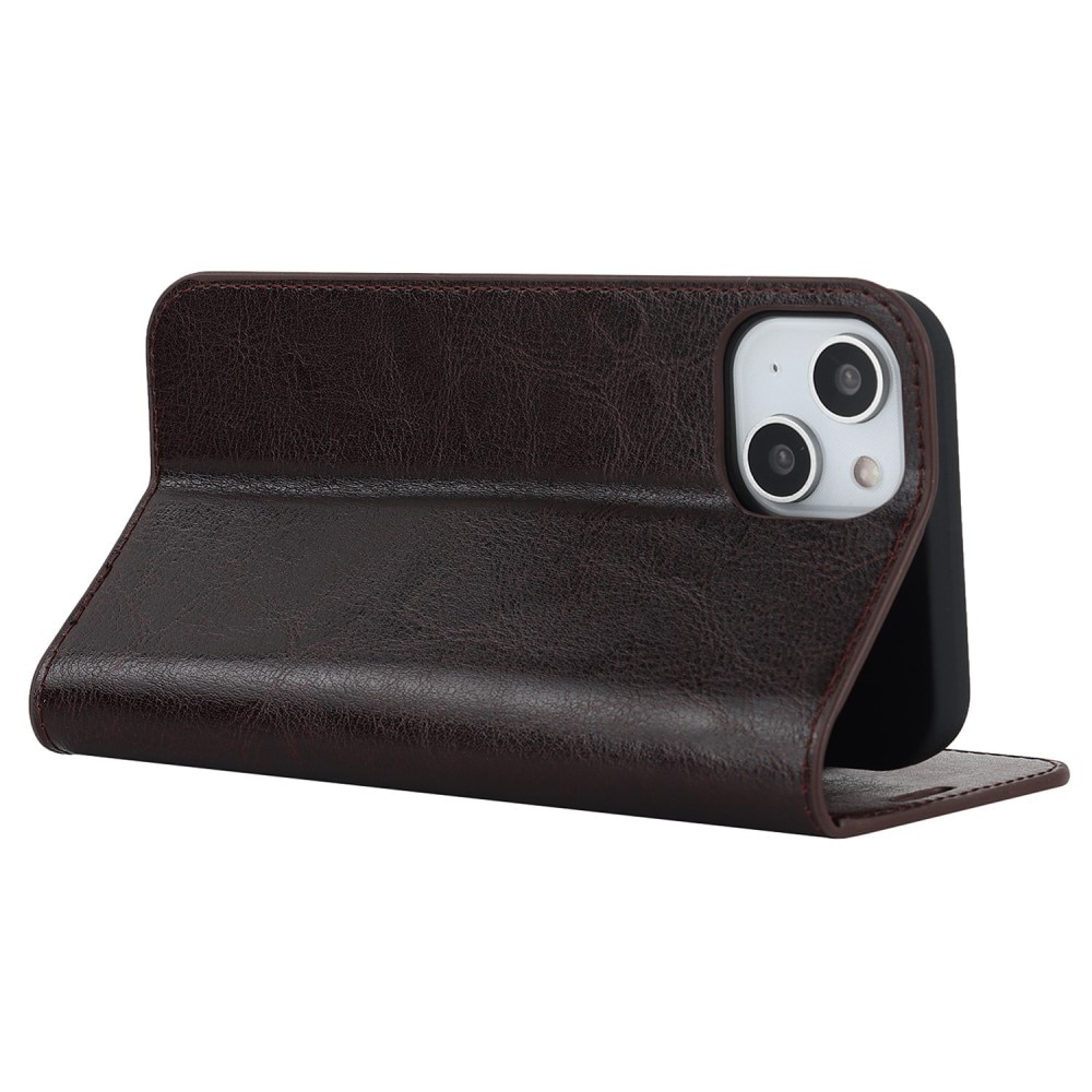 Coque portefeuille en cuir Veritable iPhone 14, marron foncé