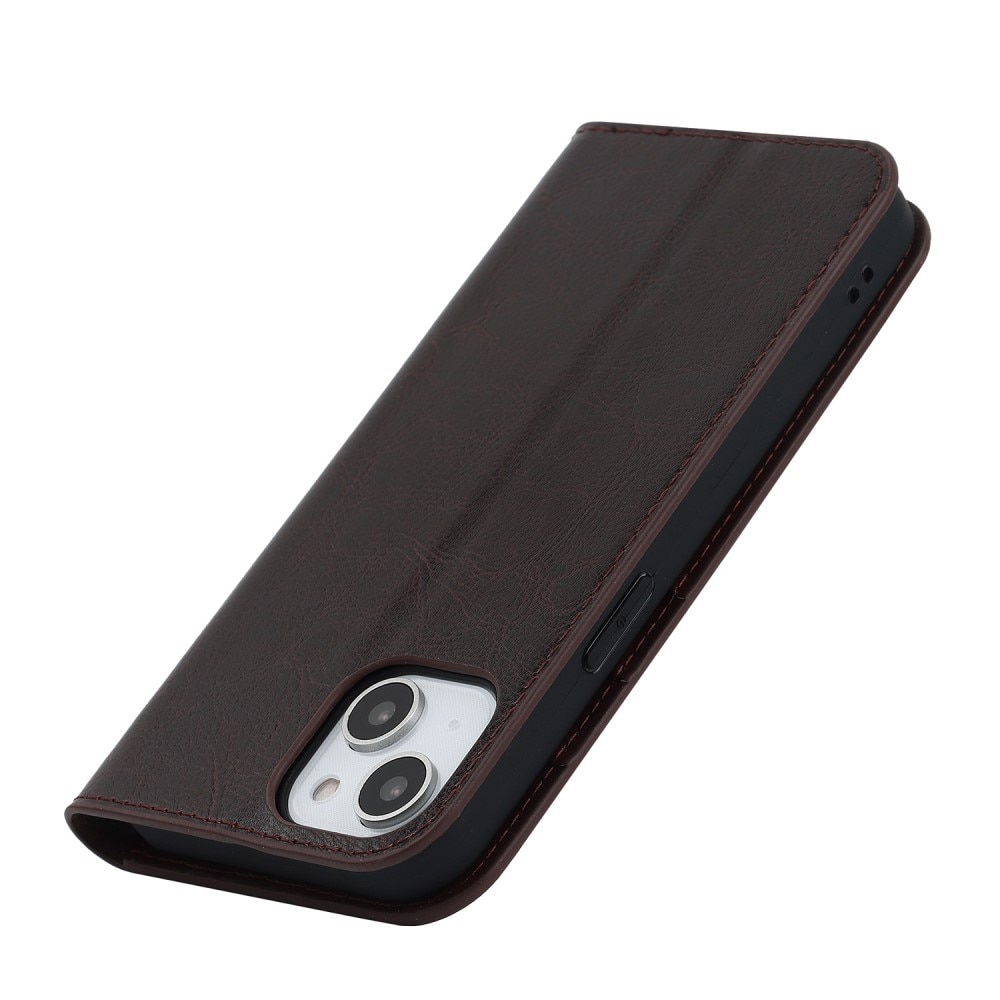 Coque portefeuille en cuir Veritable iPhone 14, marron foncé