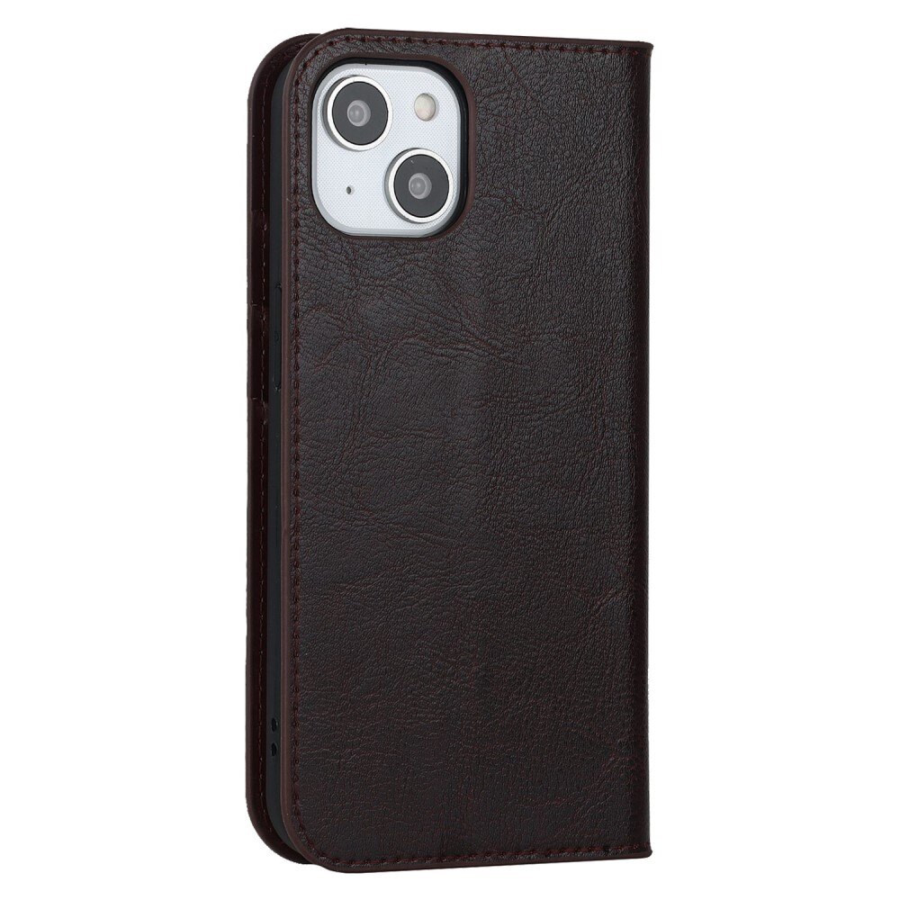 Coque portefeuille en cuir Veritable iPhone 14, Marron foncé