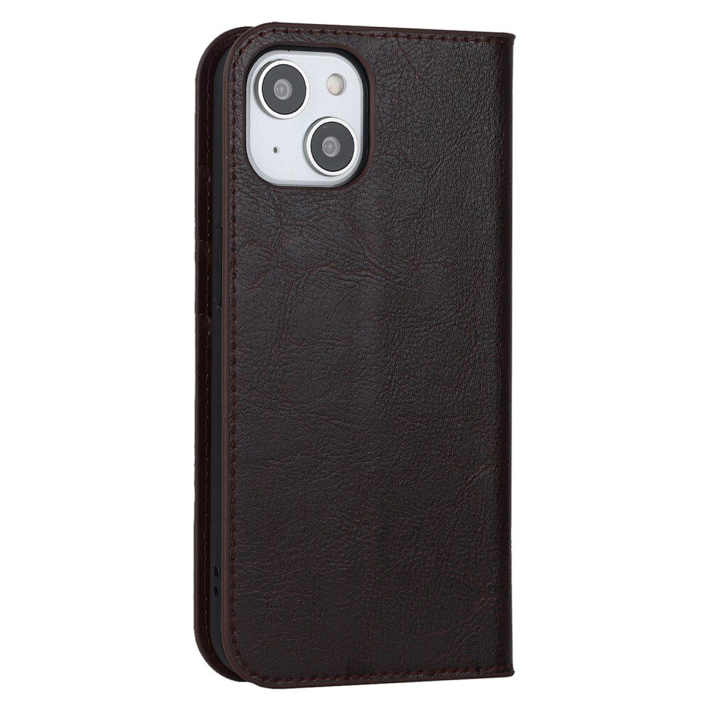 Coque portefeuille en cuir Veritable iPhone 14, marron foncé