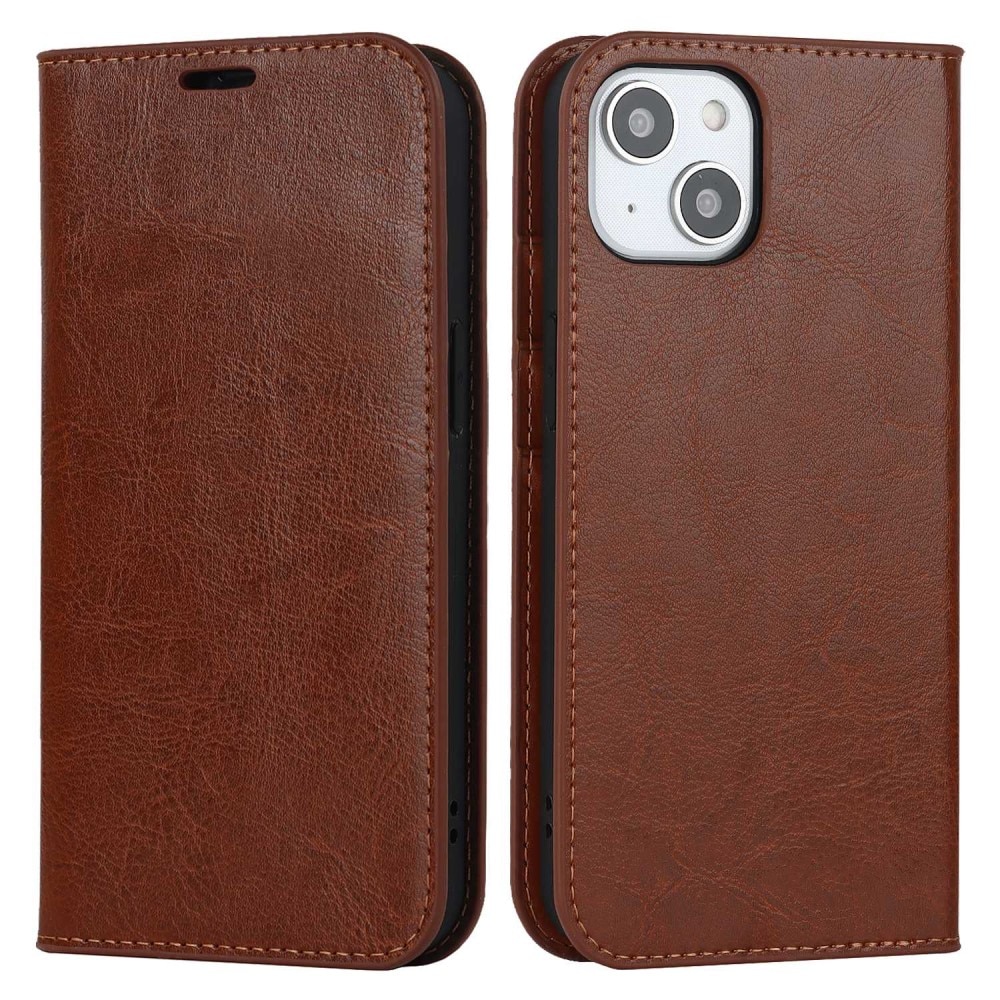 Coque portefeuille en cuir Veritable iPhone 14, marron