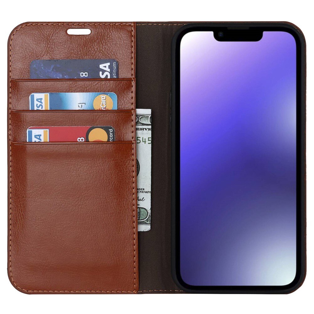 Coque portefeuille en cuir Veritable iPhone 14, Marron