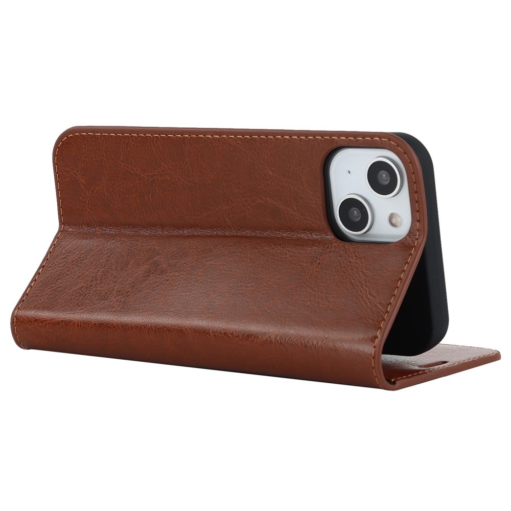 Coque portefeuille en cuir Veritable iPhone 14, marron