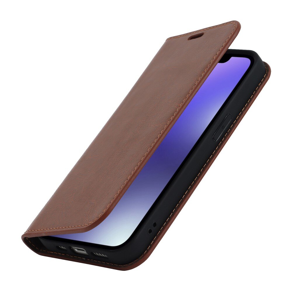 Coque portefeuille en cuir Veritable iPhone 14, marron