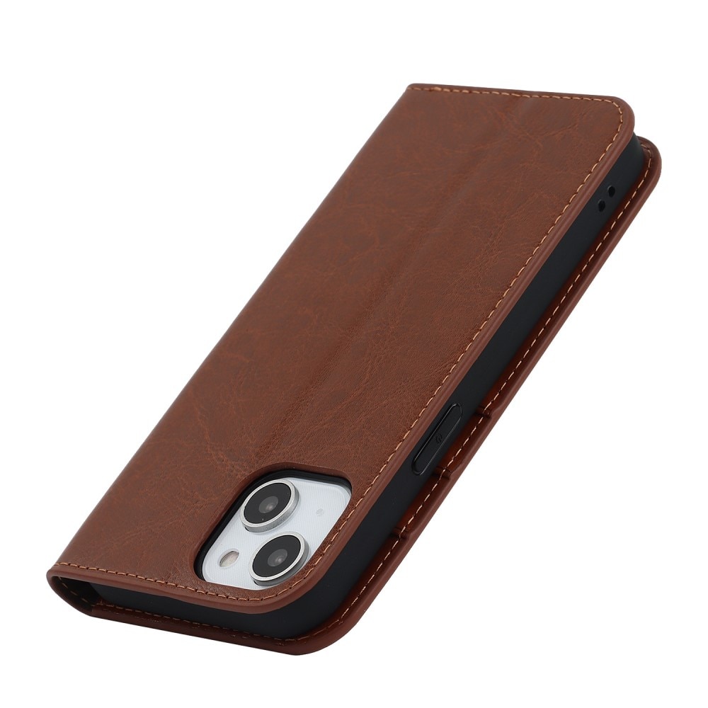 Coque portefeuille en cuir Veritable iPhone 14, marron