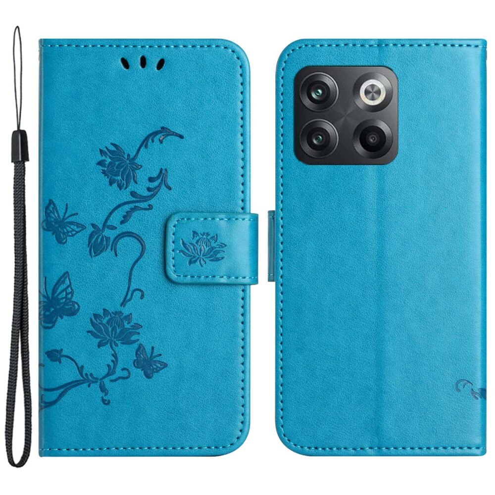 Étui en cuir à papillons pour OnePlus 10T, bleu