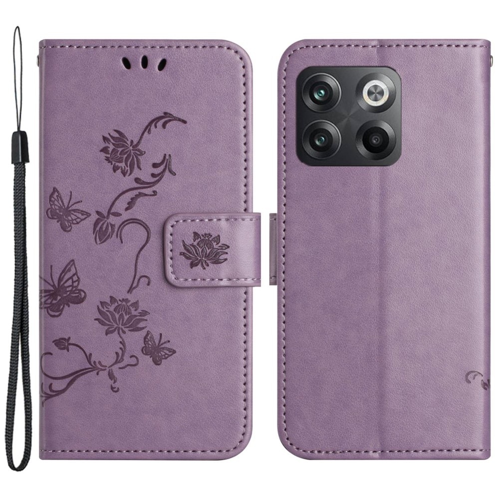 Étui en cuir à papillons pour OnePlus 10T, violet