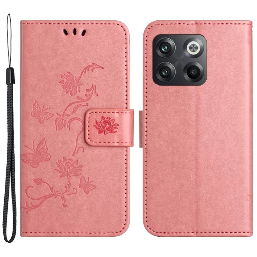 Étui en cuir à papillons pour  OnePlus 10T, Rose