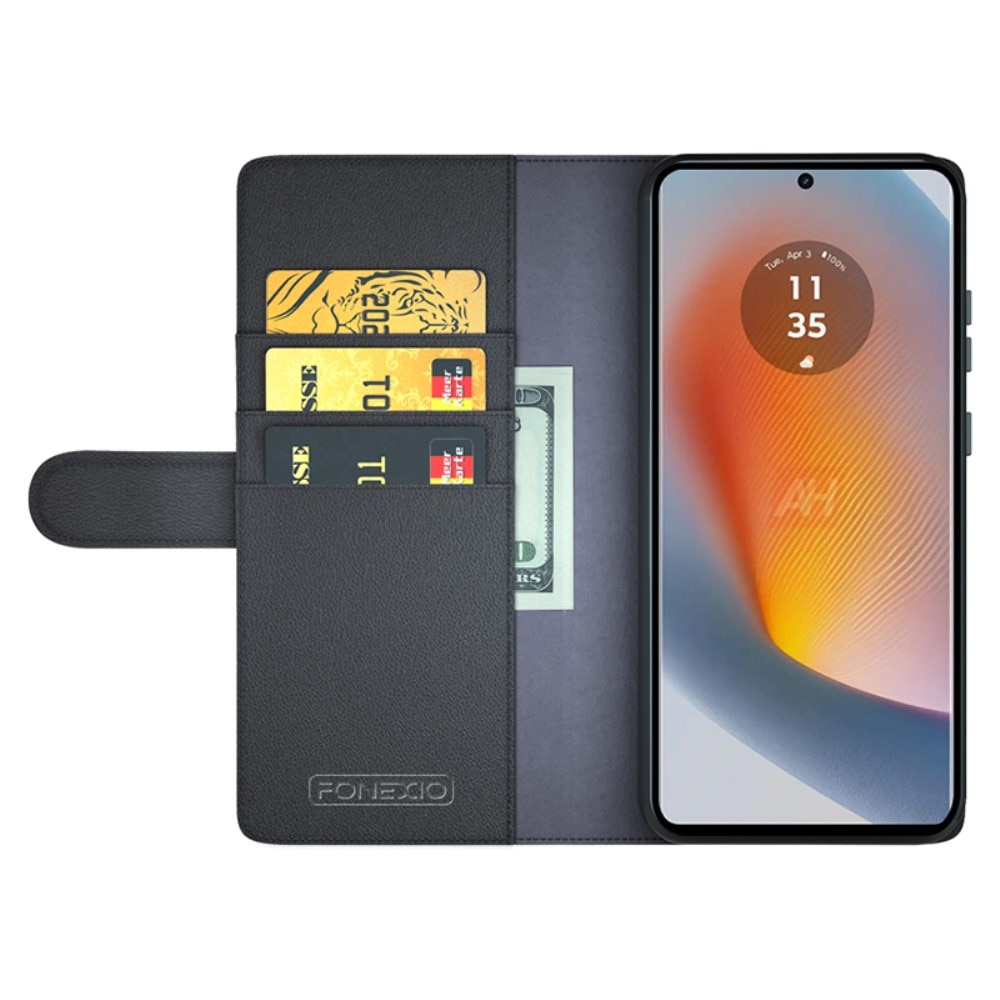 Étui en cuir veritable Motorola Edge 50 Fusion, Noir