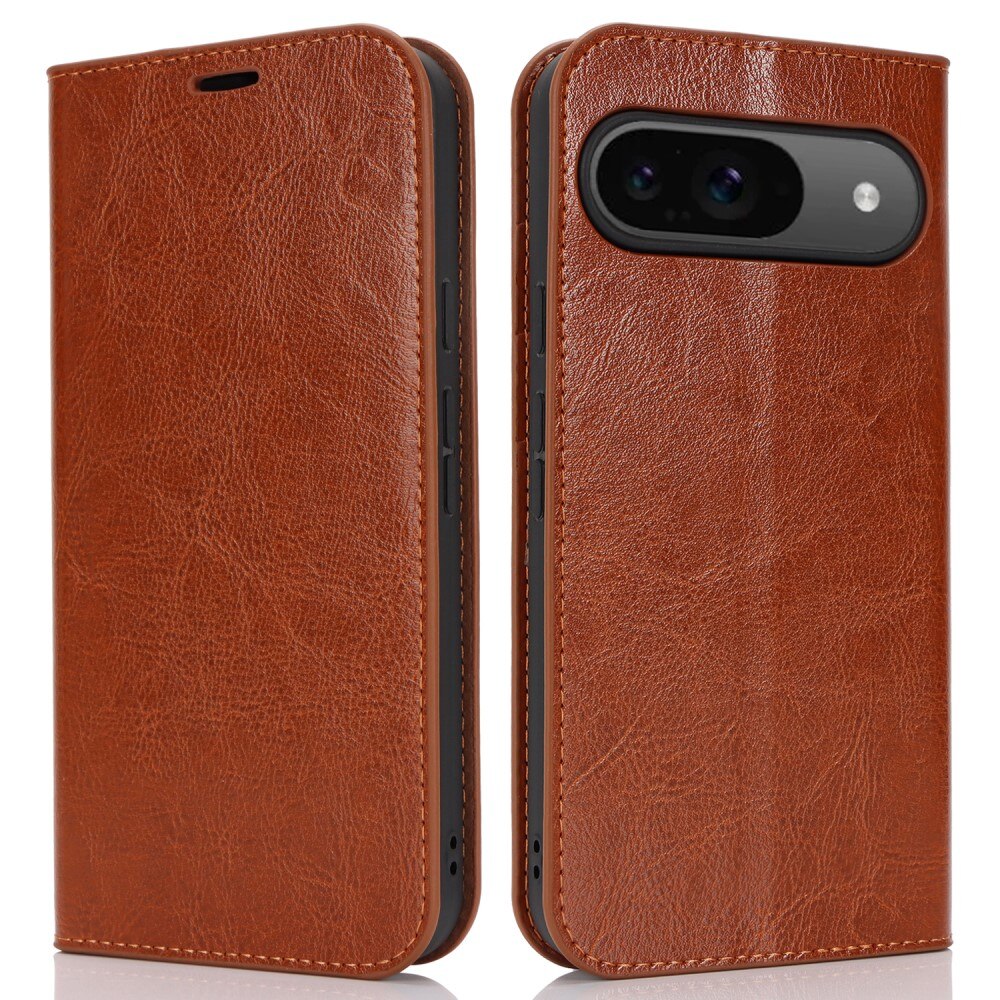 Coque portefeuille en cuir Veritable Google Pixel 9, Marron