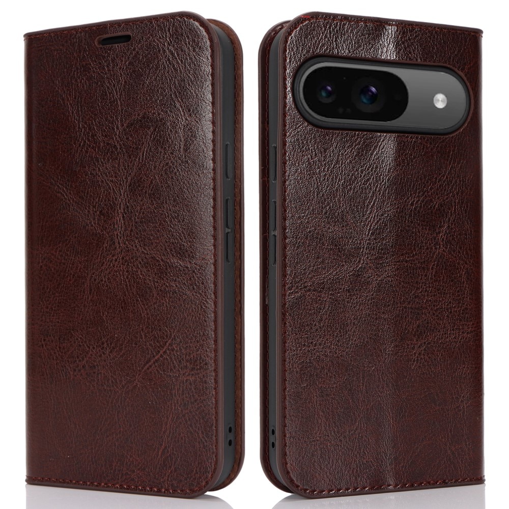 Coque portefeuille en cuir Veritable Google Pixel 9 Pro, Marron foncé