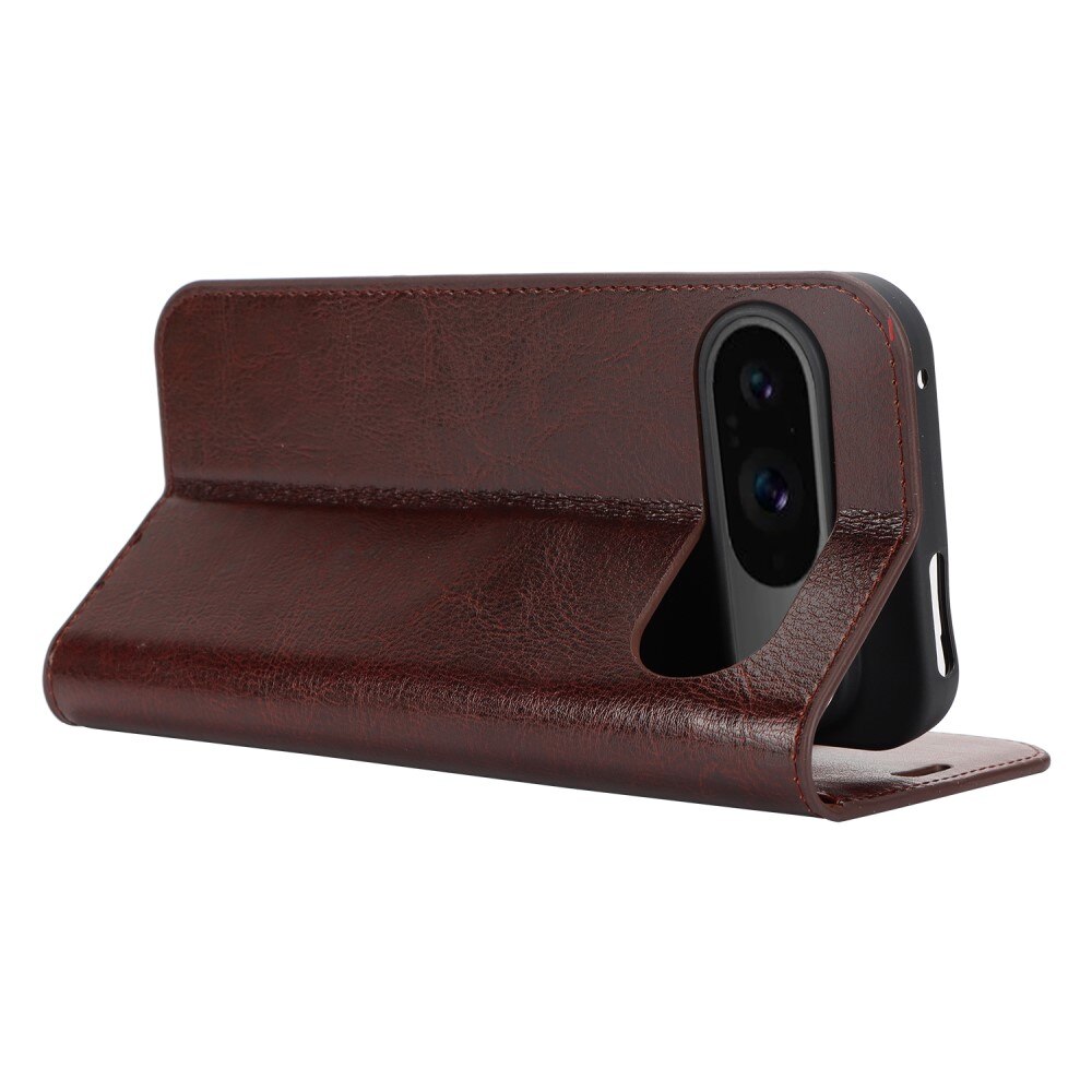 Coque portefeuille en cuir Veritable Google Pixel 9 Pro, Marron foncé