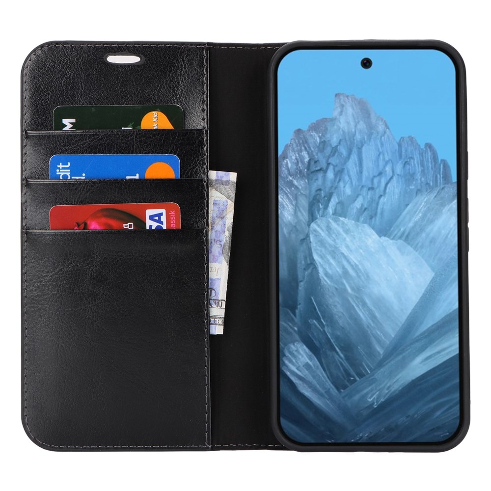 Coque portefeuille en cuir Veritable Google Pixel 9, Noir