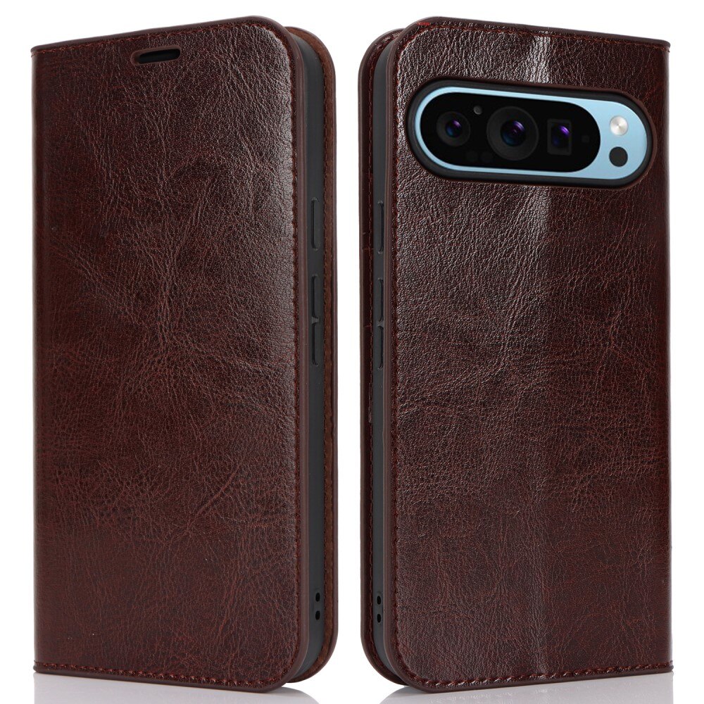 Coque portefeuille en cuir Veritable Google Pixel 9 Pro XL, Marron foncé