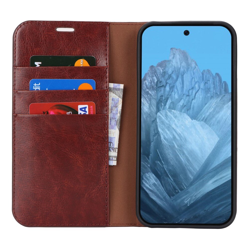 Coque portefeuille en cuir Veritable Google Pixel 9 Pro XL, Marron foncé