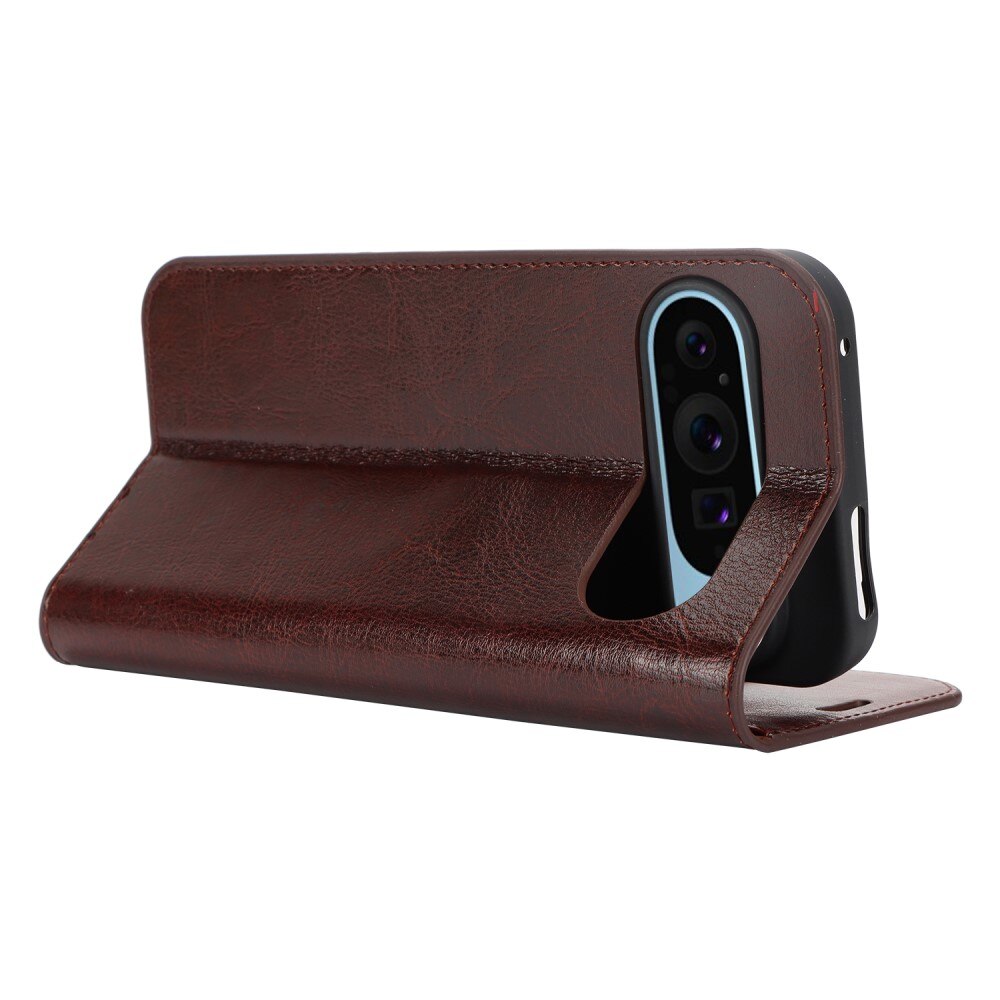 Coque portefeuille en cuir Veritable Google Pixel 9 Pro XL, Marron foncé