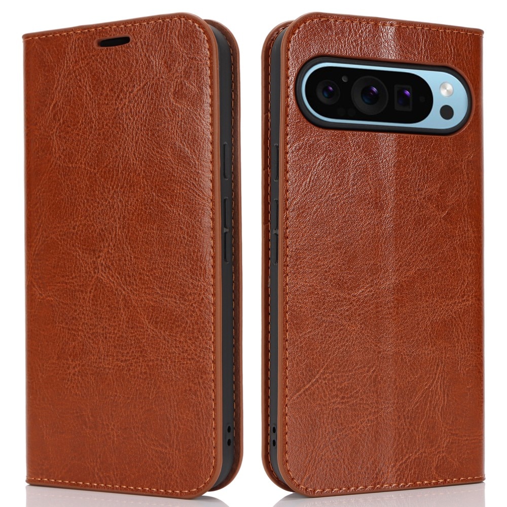 Coque portefeuille en cuir Veritable Google Pixel 9 Pro XL, Marron