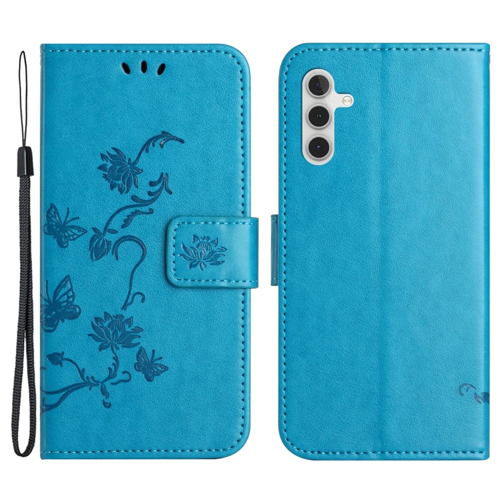 Étui en cuir à papillons pour Samsung Galaxy S24 FE, Bleu