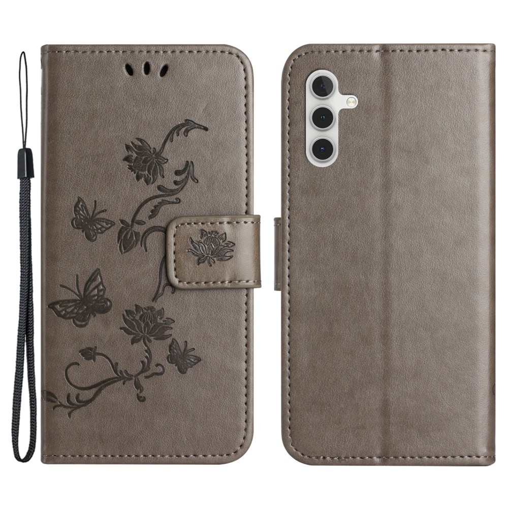Étui en cuir à papillons pour Samsung Galaxy S24 FE, Gris