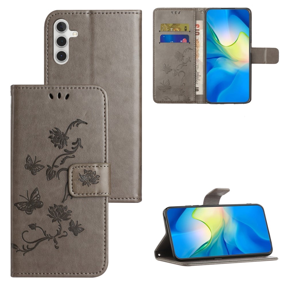 Étui en cuir à papillons pour Samsung Galaxy S24 FE, Gris