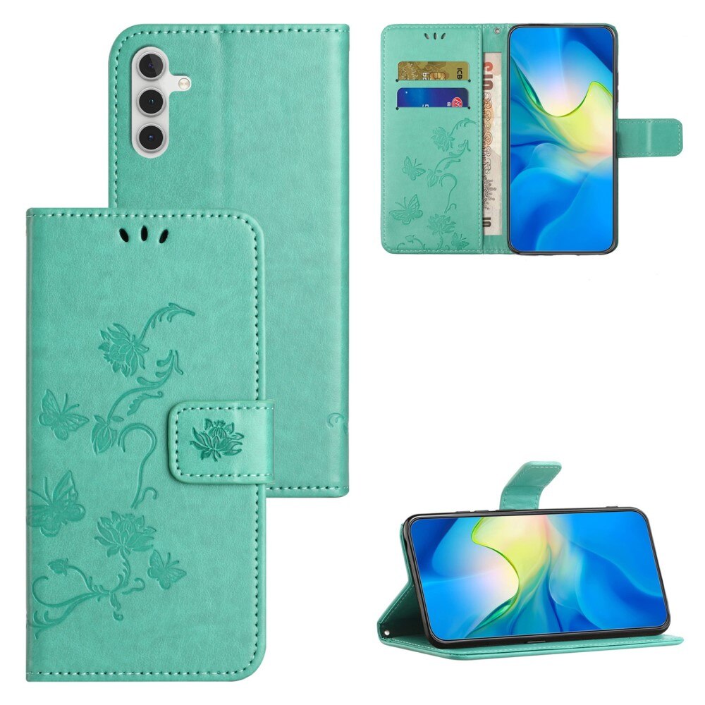 Étui en cuir à papillons pour Samsung Galaxy S24 FE, Vert