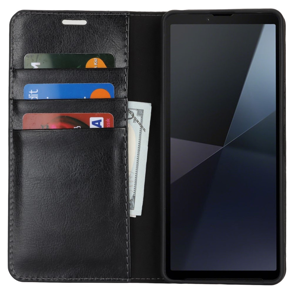 Coque portefeuille en cuir Veritable Sony Xperia 10 VII, Noir
