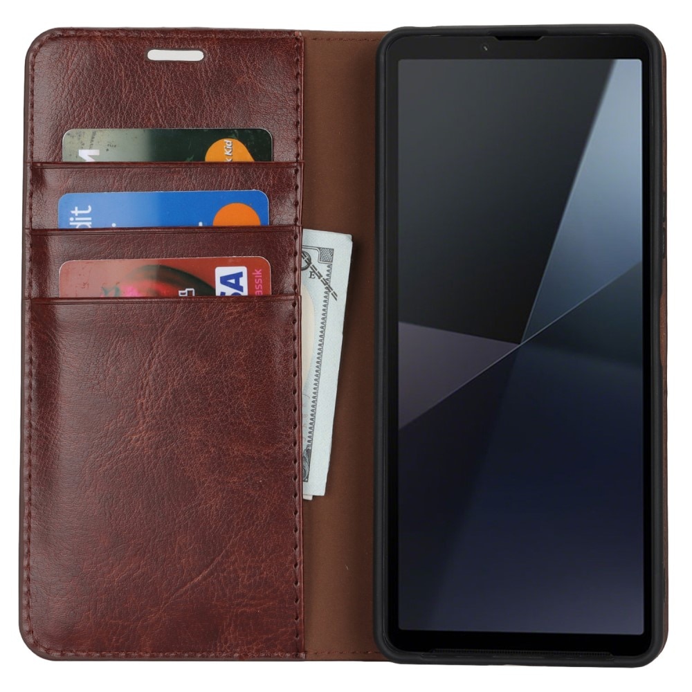 Coque portefeuille en cuir Veritable Sony Xperia 10 VII, Marron foncé