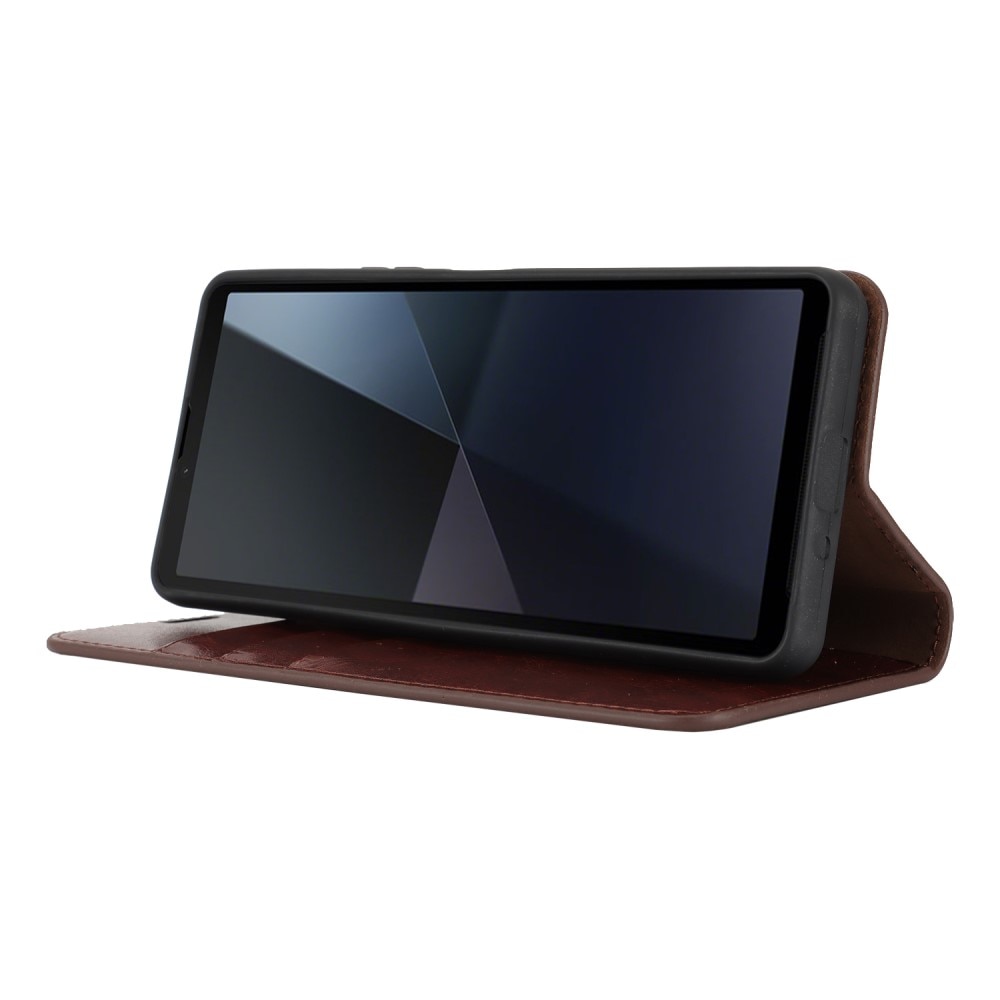 Coque portefeuille en cuir Veritable Sony Xperia 10 VII, Marron foncé
