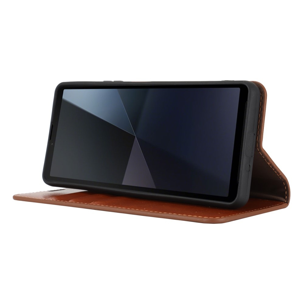 Coque portefeuille en cuir Veritable Sony Xperia 10 VII, Marron