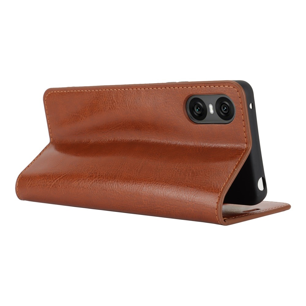 Coque portefeuille en cuir Veritable Sony Xperia 10 VI, Marron