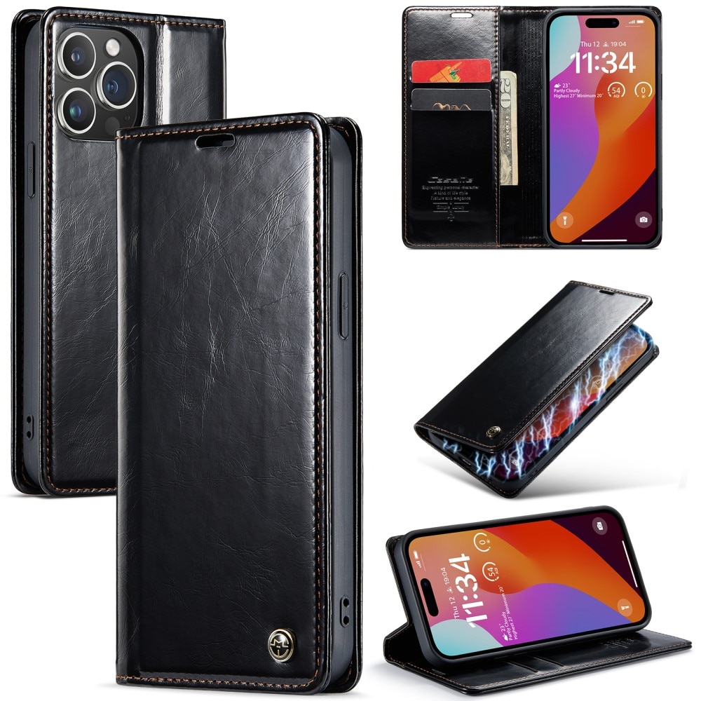 Étui en cuir iPhone 16 Pro, noir
